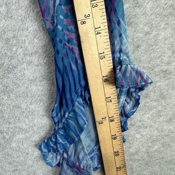 Blue Abstract Mesh Disco Top Size XS Crop Button Front Long Ruffle Flare Sleeve - Picture 6 of 10